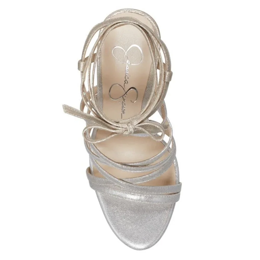 NEW Jessica Simpson Jexilla Champagne Metallic Heel Lace Up Ankle Strap Sandals